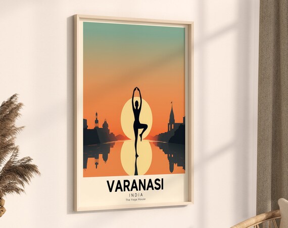Varanasi India Retro Yoga Retreat Travel Poster Golden Sunset Art