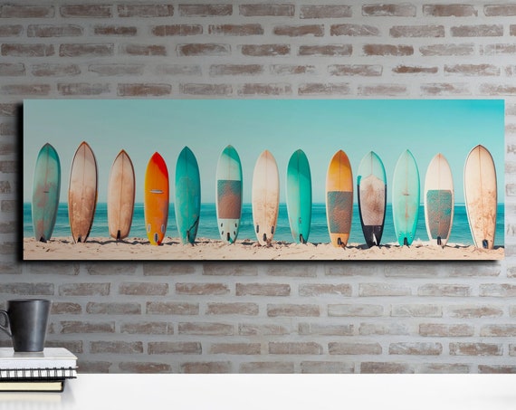 Pastel Color Palette Surfboard Lineup Ready To Hang Panoramic Wall Art Prints Retro Style Surf Art Panoramic Wall Art