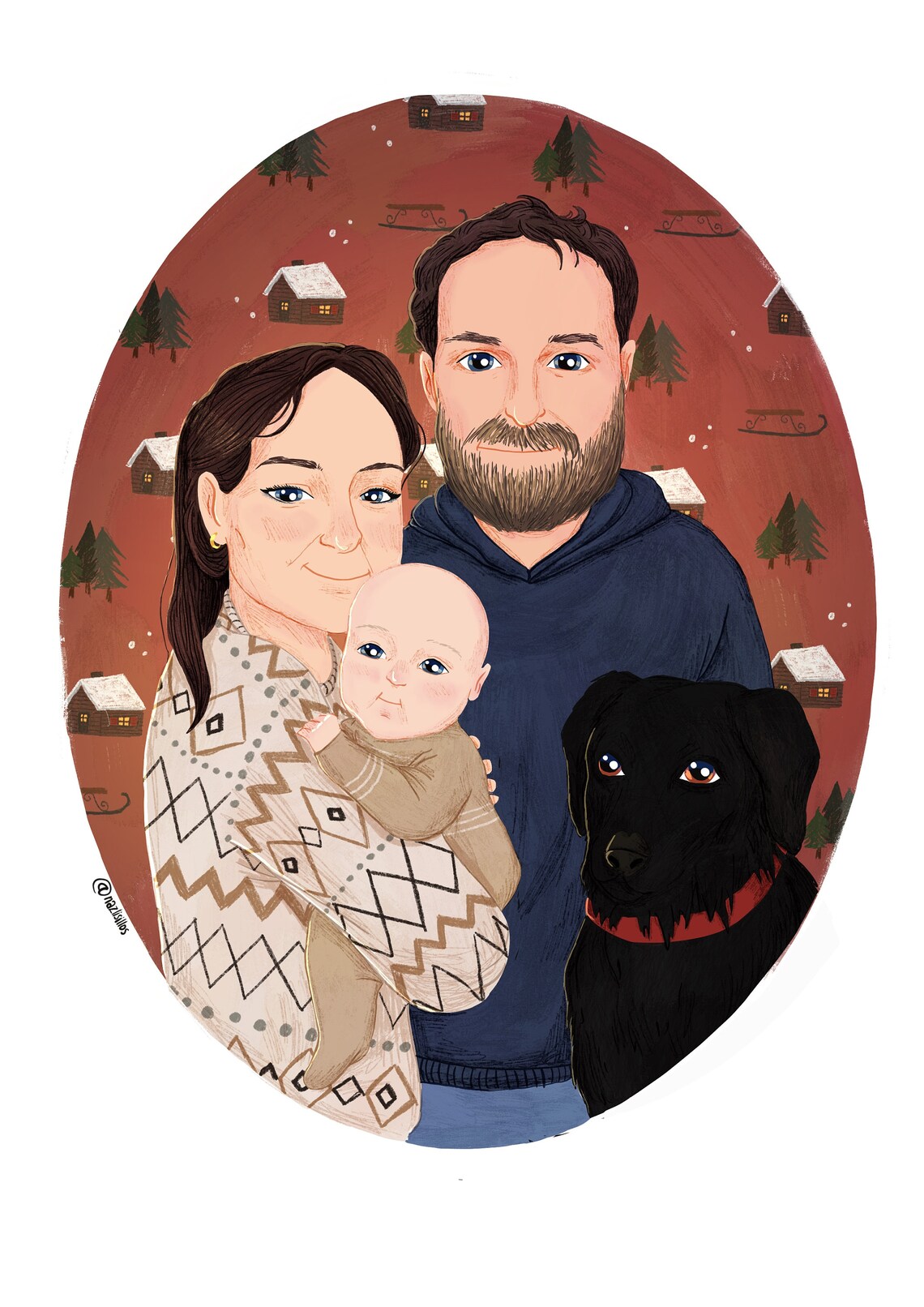 Couple with French Bulldog Cats Custom Illustrated Portrait Print - Image 2