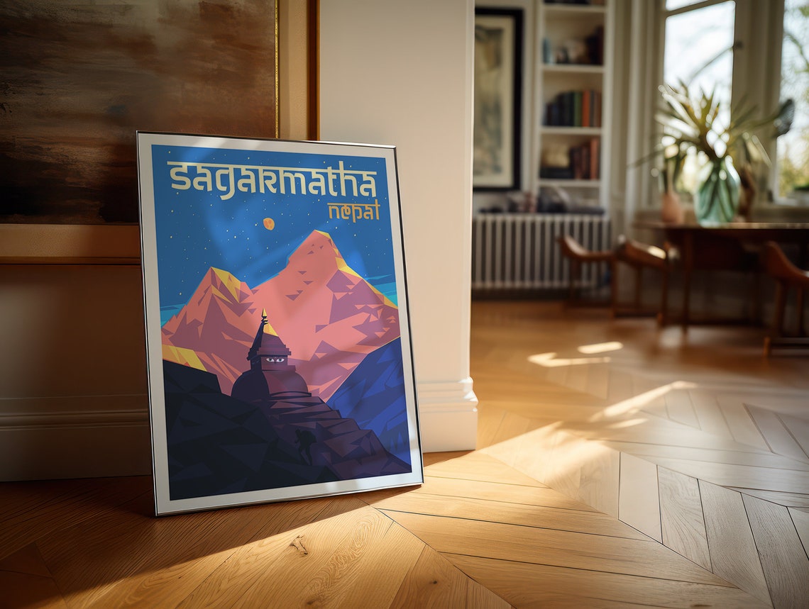 Sagarmatha Nepal Travel Poster Himalayan Peaks Night Stupa Art - Image 5
