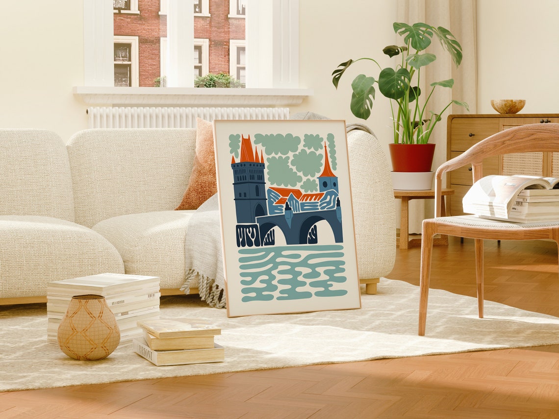 Charles Bridge Prague Colorful Modern Illustration Art Poster - Image 3