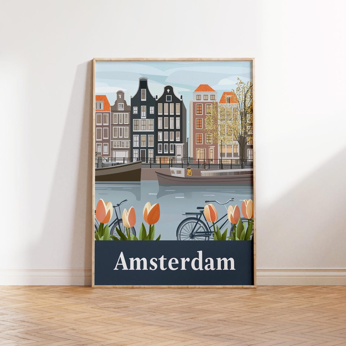 Amsterdam Netherlands Retro Travel Poster Canal Houses Tulips Art