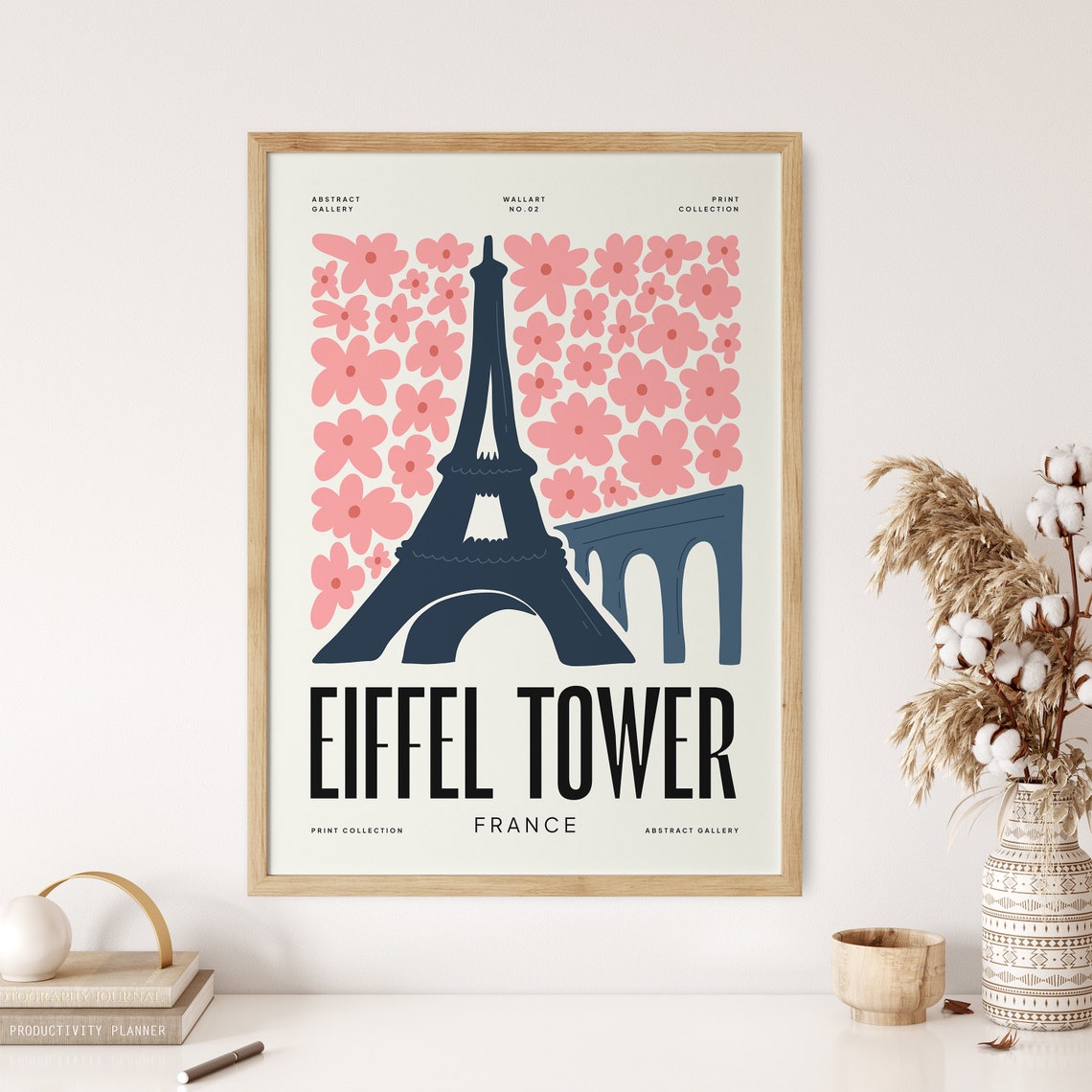 Eiffel Tower Paris France Pink Flower Botanical Vintage Art Poster - Image 3