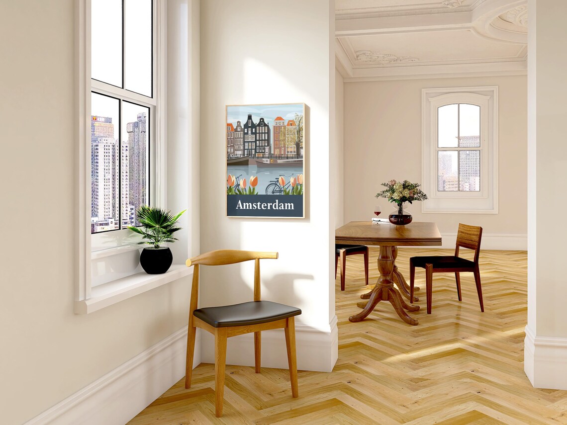 Amsterdam Netherlands Retro Travel Poster Canal Houses Tulips Art - Image 3