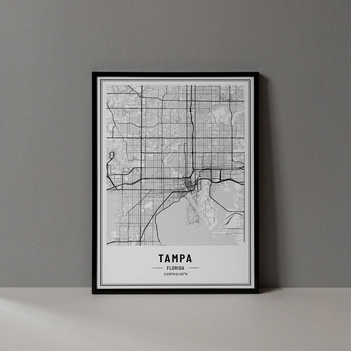 Tampa Florida Modern Black and White Minimalist City Map Poster