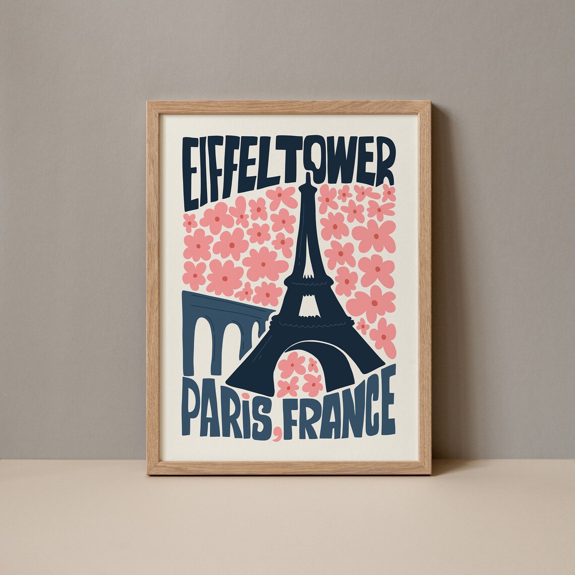 Eiffel Tower Paris France Pink Bloom Retro Typography Poster