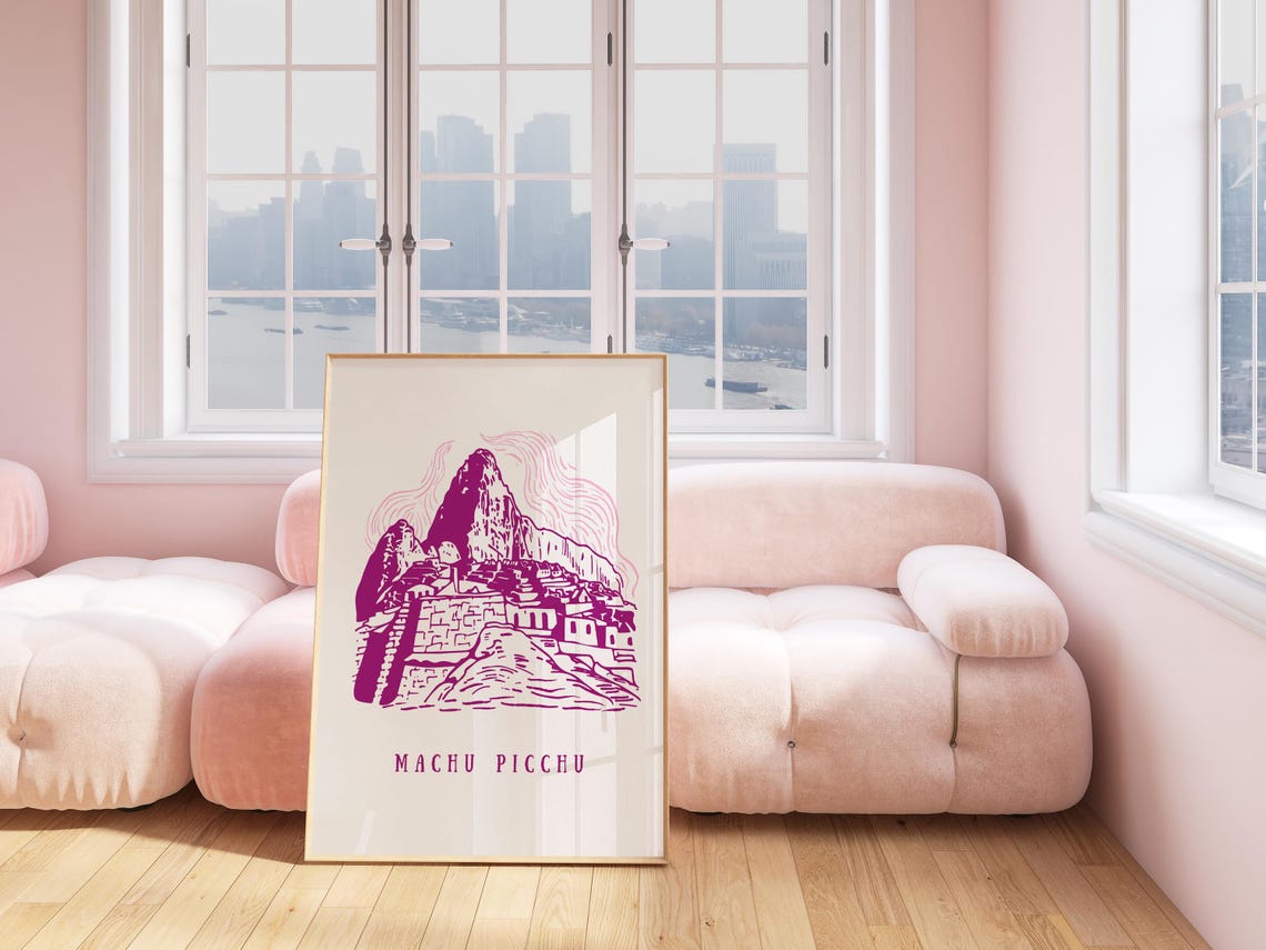 Machu Picchu Ancient Mountain Ruins Magenta Line Art Minimalist Print - Image 5