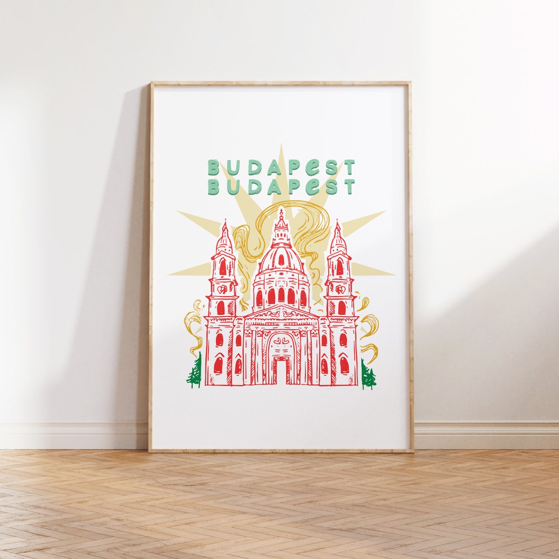 Budapest Hungary Basilica Dome Red Line Art Travel Wall Poster