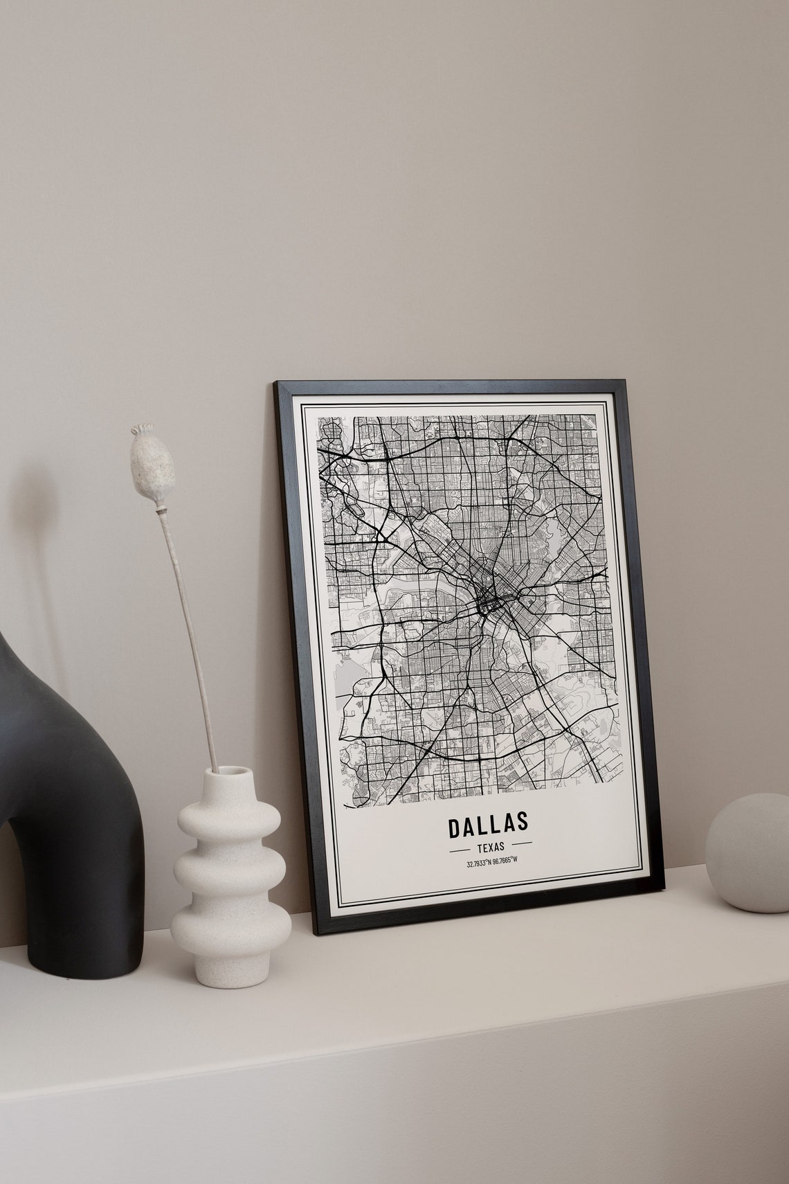 Dallas Texas Modern Black and White Minimalist City Map Poster - Image 3