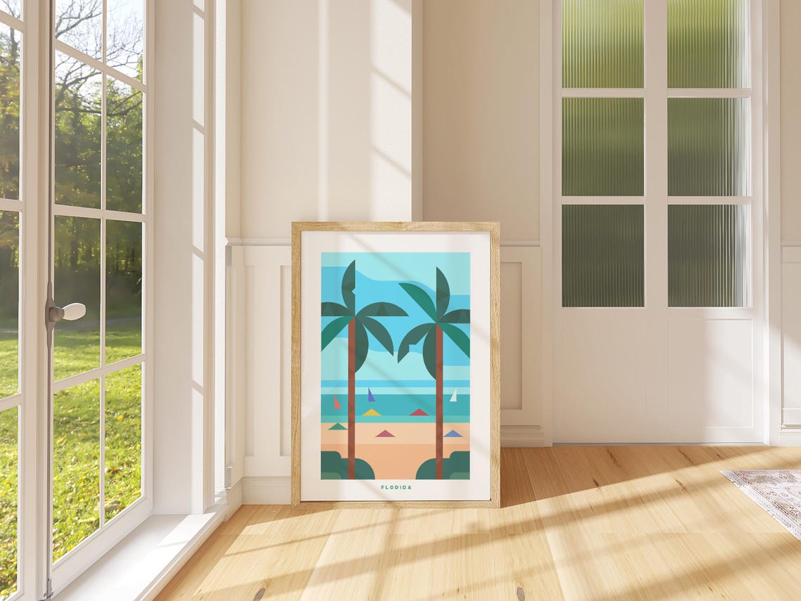 Florida Beach Geometric Art Print Palm Trees Sailboats Retro Style - Image 3