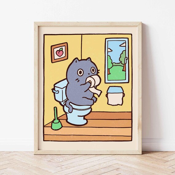 Funny Grey Cat On The Toilet Bathroom Poster In Light Wood Frame