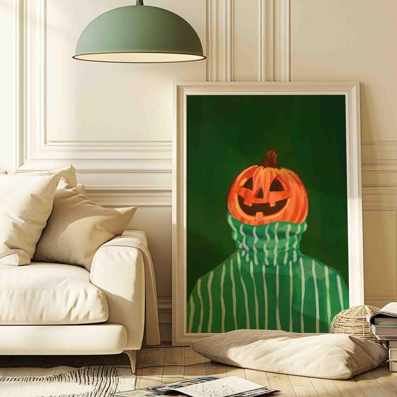Emerald Green Pumpkin Art Print Cute Halloween Dark Home Decor Artwork And Orange Painting Shipped Wall