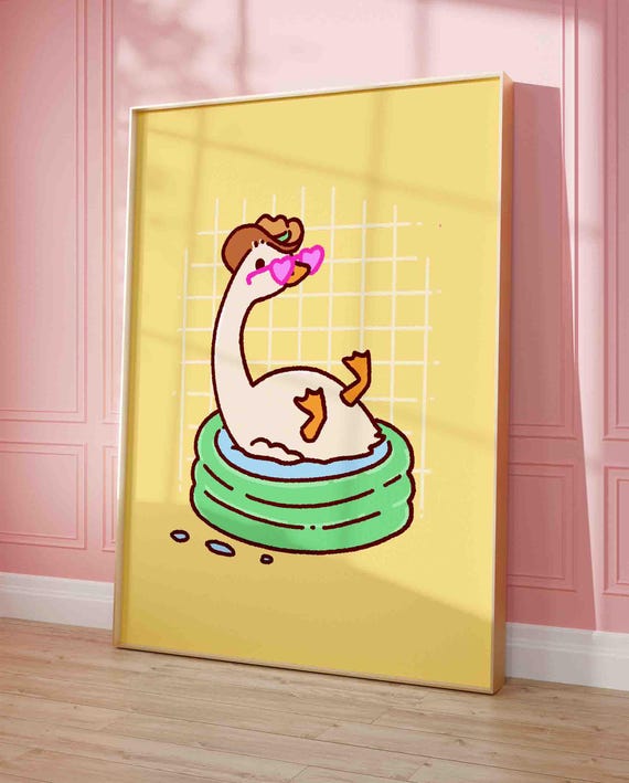 Silly Goose In A Bath Poster Funny Cute Bathroom Art Print Duck With Heart Shaped Sunglasses Unframed Shipped Wall