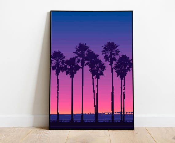 Palm Tree Sunset Poster Retro Pixel Beach Landscape Art
