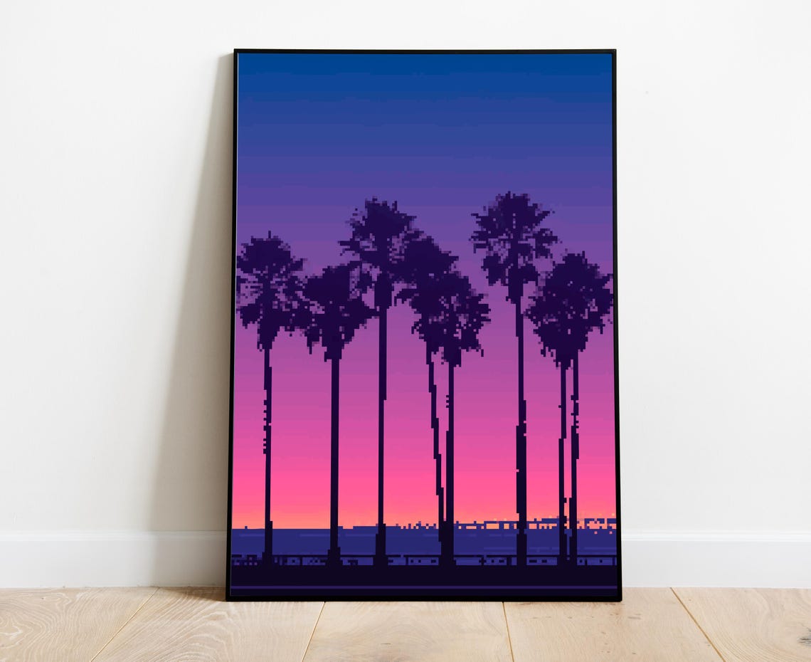 Palm Tree Sunset Pixel Art Silhouette Retro Synthwave Wall Art