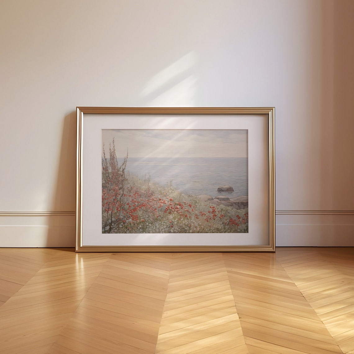 French Countryside Coastal Meadow Red Wildflowers Spring Print - Image 2