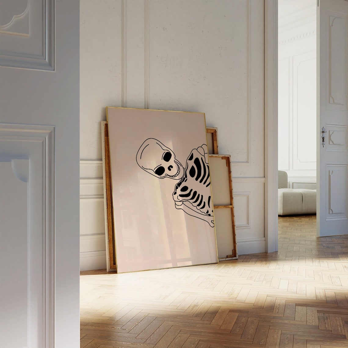 Minimalist Skeleton Line Drawing Black White Halloween Art Poster - Image 3