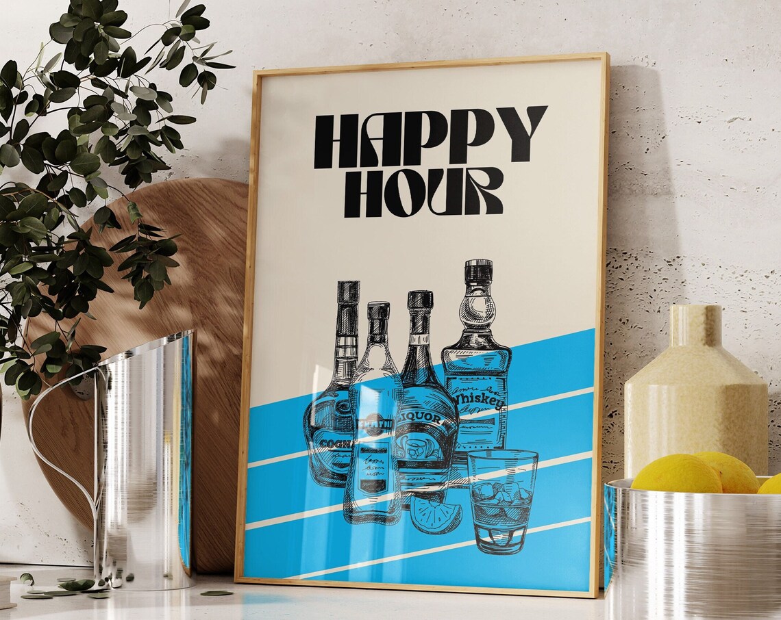Happy Hour Drinks Wall Art Printaesthetic Girly Bar Cart Artpreppy Posterstrendy Wall Artcocktails Artretro Bar Cart Artretro Wall Art