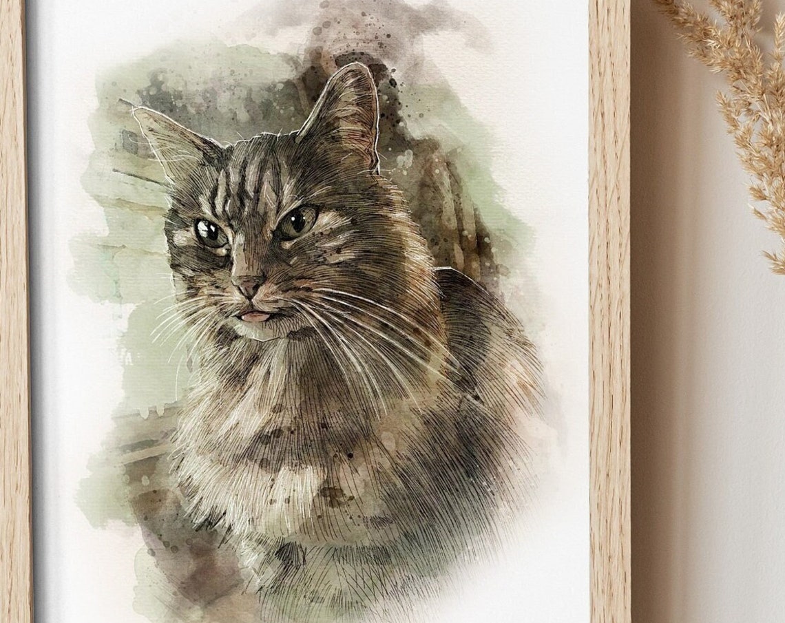 Long Haired Tabby Cat Watercolor Portrait Pet Lover Art Print