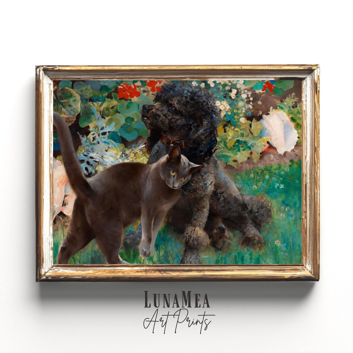 Vintage Oil Painting Black Dog And Gray Cat In Garden Pets Animal Art Poster