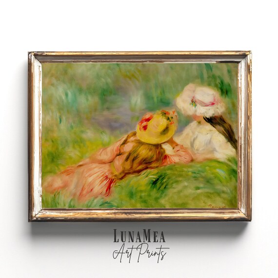 Renoir Style Two Women in Meadow Impressionist Summer Painting Wall Art