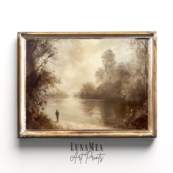 Dark Moody Landscape Painting By The River Rustic Cottagecore Decor Vintage Moon Nature Wall Art Dark Academia Print