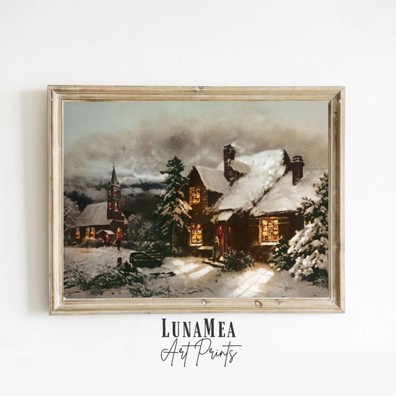 Vintage Christmas Oil Painting Winter Landscape Church Cottagecore Wall Art Print Moody Nostalgic Farmhouse Decor Cozy Country Holiday