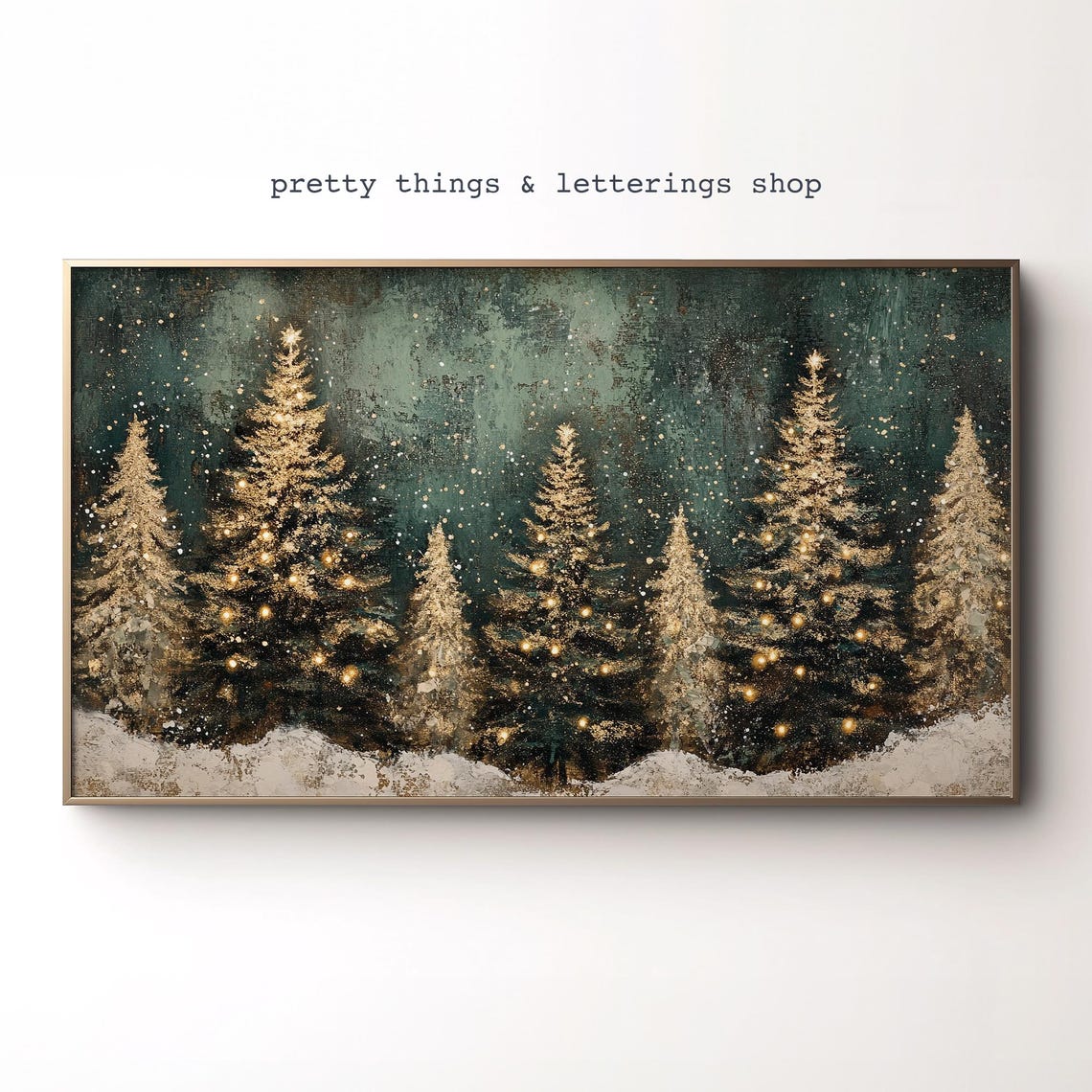 Golden Lit Christmas Trees Snowy Night Dark Green Holiday Poster