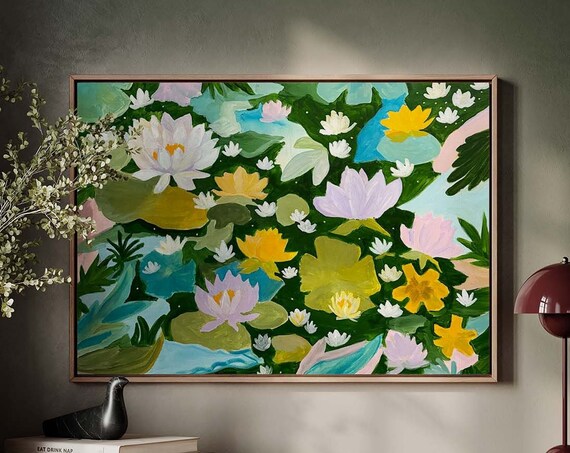Waterlily Wall Art Print Premium Fine Vibrant Botanical Pond Painting In Green Yellow Nature Inspired Home Decor