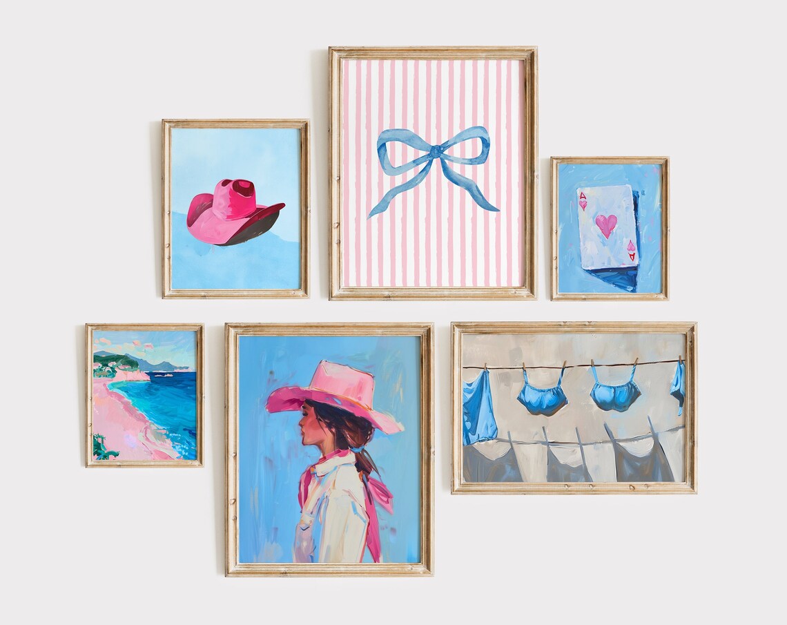 Set of Six Coastal Cowgirl Pink Paintings for a Gallery Wall Poster