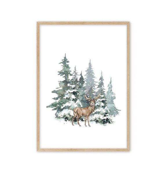 Noble Watercolor Stag Standing in a Snowy Pine Forest Art Print