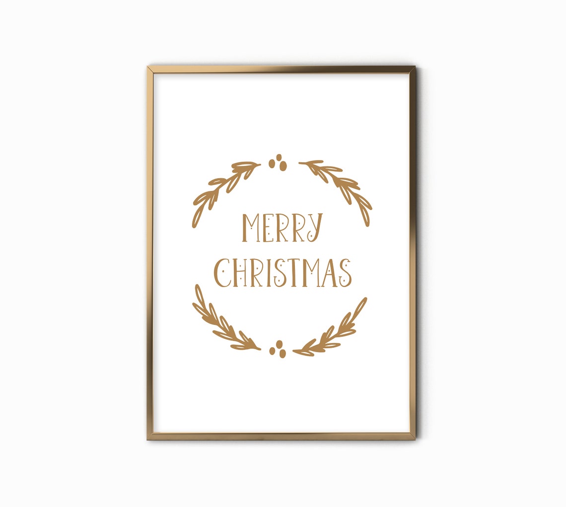 Merry Christmas in All Gold Laurel Wreath Elegant Quote Art Print