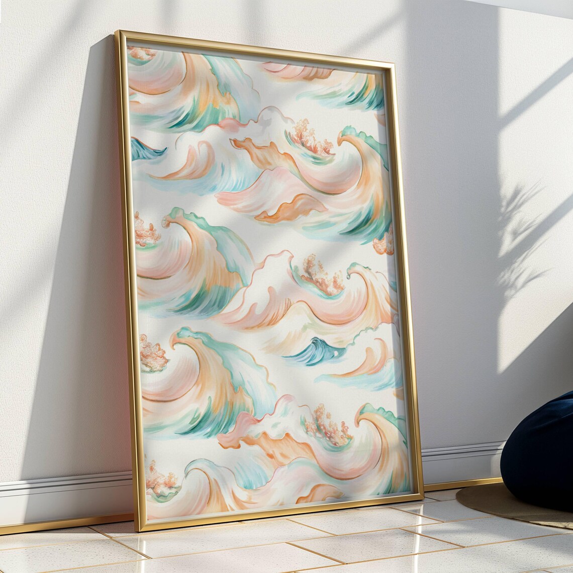 Ocean Waves Painting, Pastel Abstract Coastal Art Print