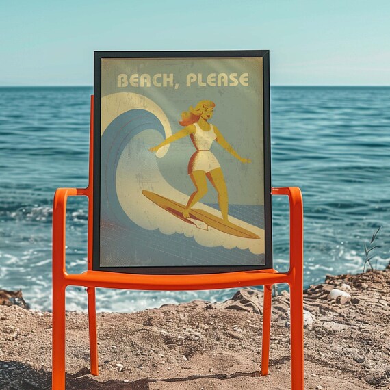 Beach Please Vintage Surfer Girl Wave Retro Coastal Surf Poster