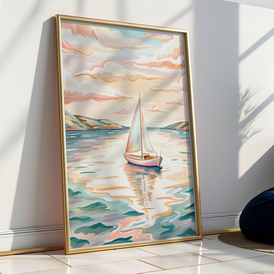 Sail Boat Painting, Abstract Coastal Beach House Art Print