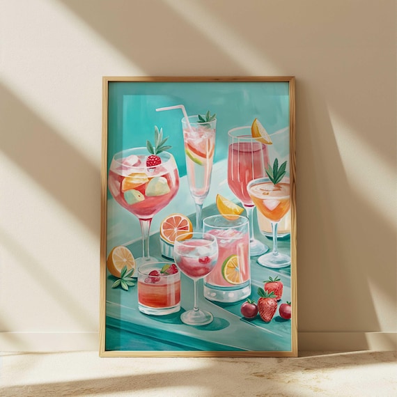 Pink Cocktail Spritz Watercolor Poster Summer Party Drinks Bar Decor