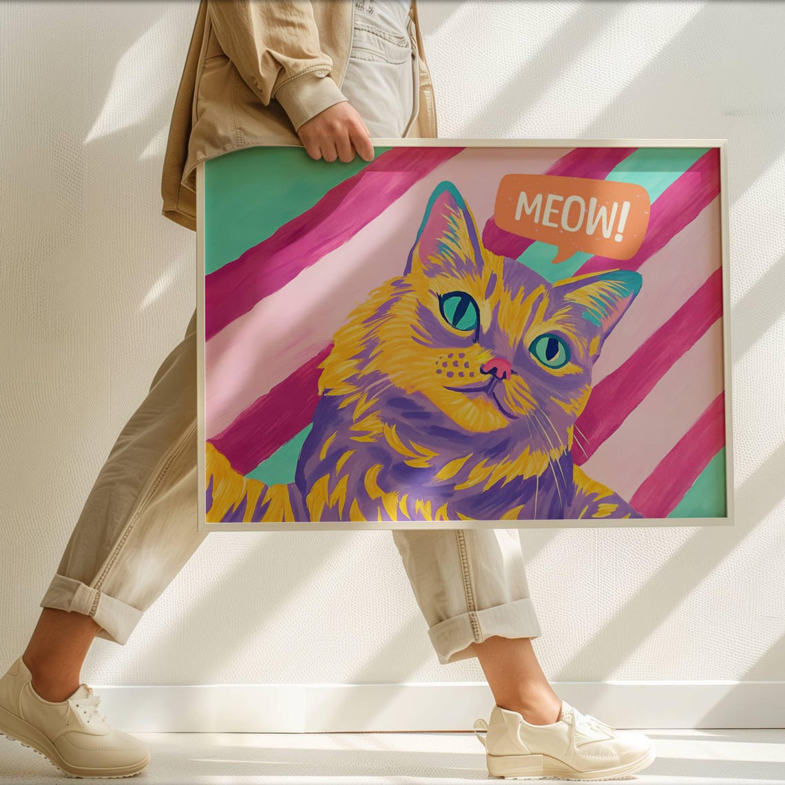 Meow Pop Art Colorful Cat Portrait Funny Striped Background Poster