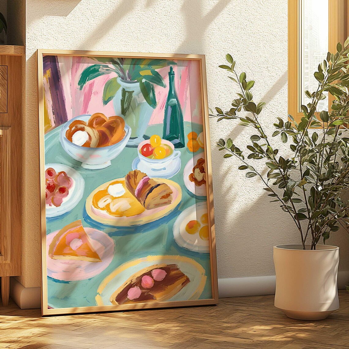 Pastel Still Life of a Breakfast Table with Pastries and Fruit Kitchen Art Print
