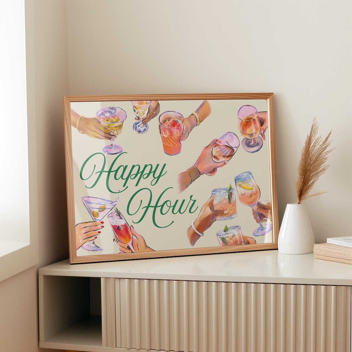 Watercolor Happy Hour Cocktail Cheers Toast Party Bar Art Poster