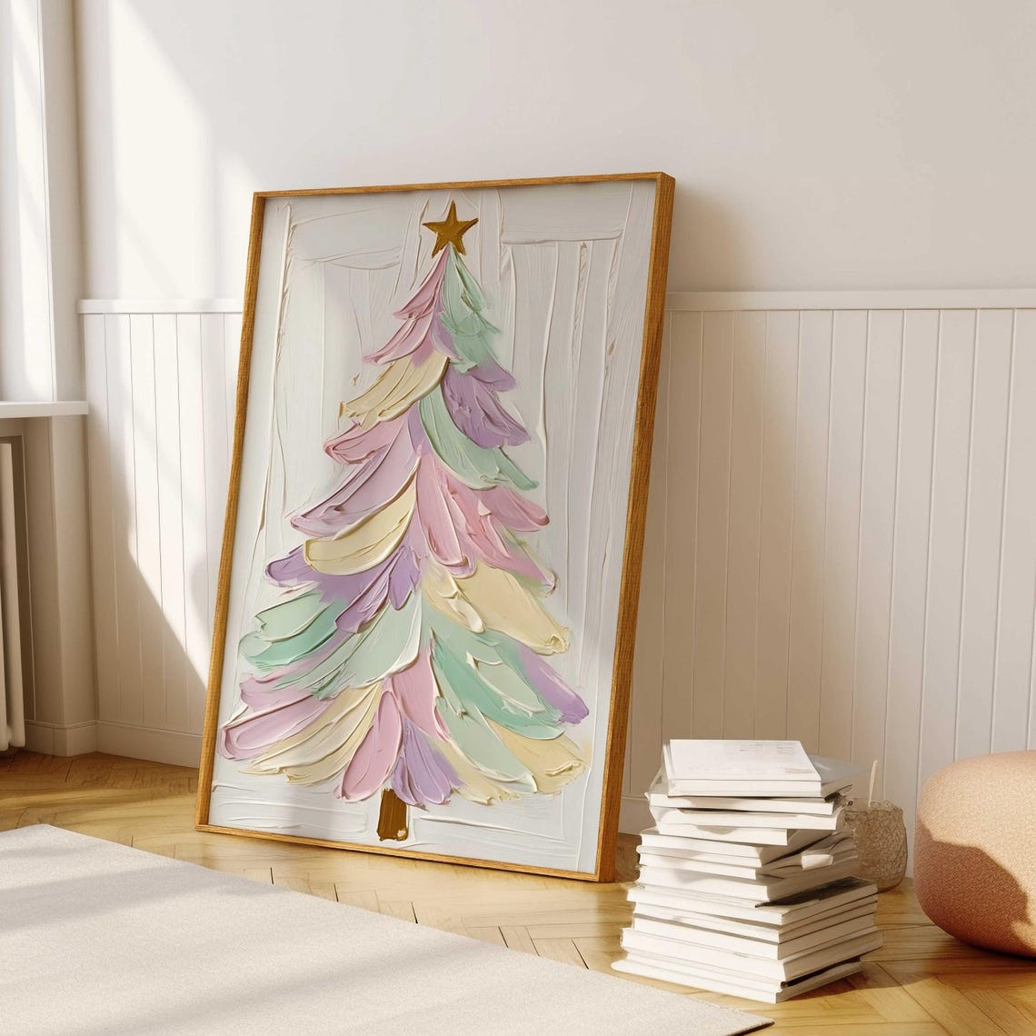 Pastel Christmas Tree Painting Gold Star Impasto Holiday Wall Art