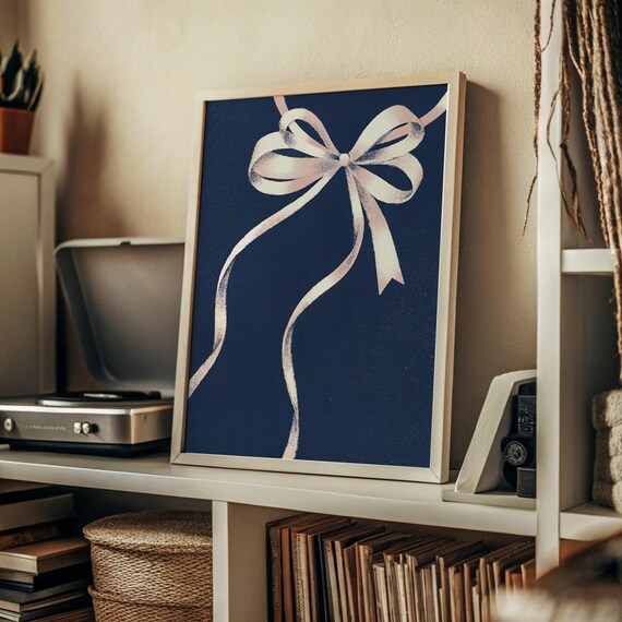 Pink Ribbon Bow on Navy Coquette Art Elegant Feminine Gift Bow Poster