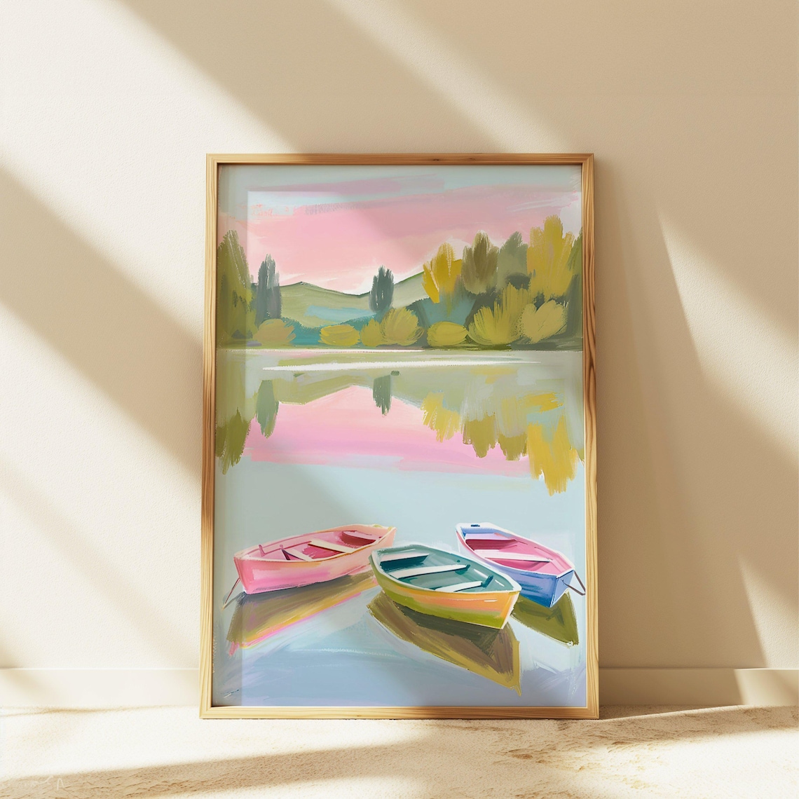Colorful Rowboats On Still Water Pastel Lake Painting Wall Art