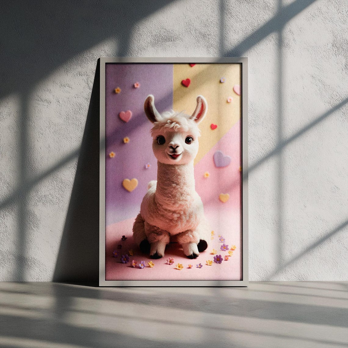 Fluffy White Baby Llama with Hearts Flowers Pastel Nursery Poster