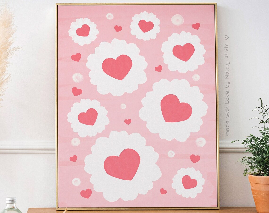 Pink Daisy Heart Flowers Valentine Love Romantic Decor Art Print