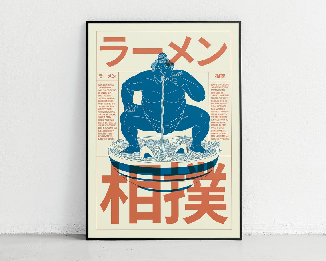 Ramen Sumo Wrestler Blue Japanese Fun Illustration Kitchen Art Poster