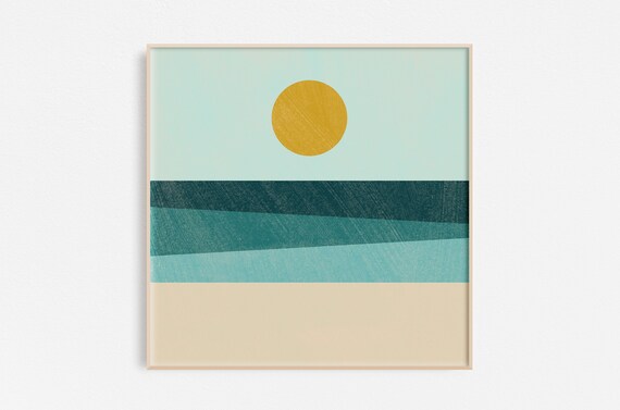 Sunshine Ocean Geometric Minimalist Modern Teal Waves Beach Poster