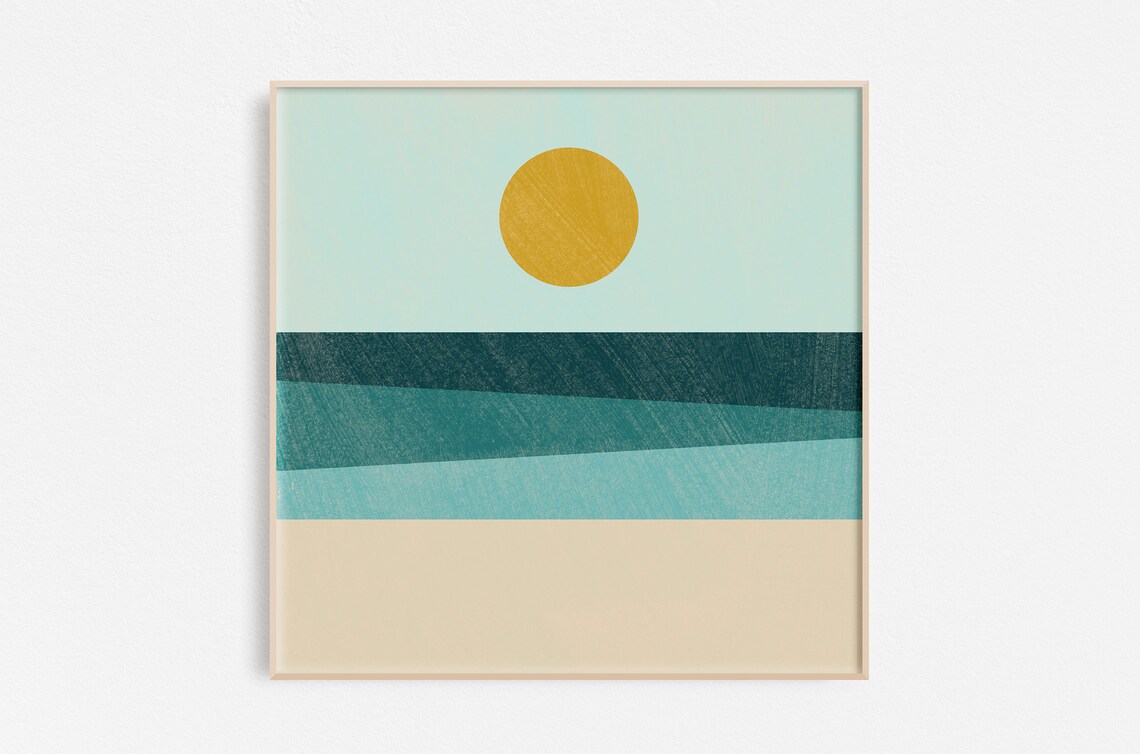 Sunshine Ocean Geometric Minimalist Modern Teal Waves Beach Poster