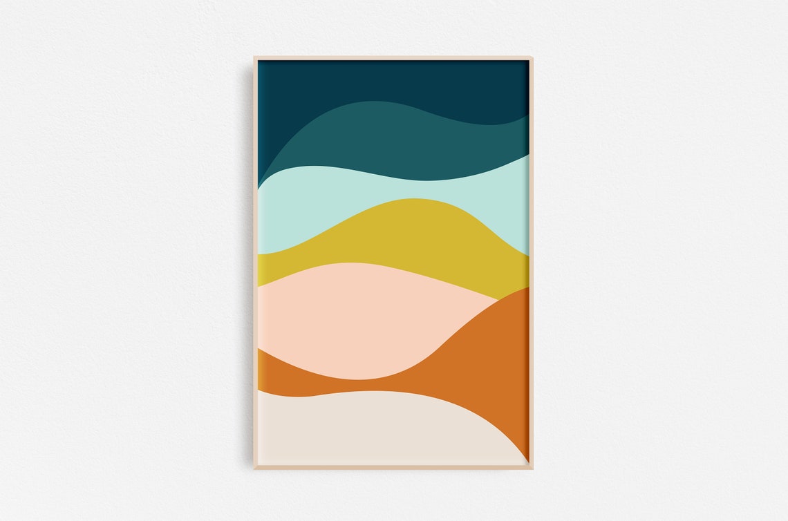 Abstract Colorful Wavy Landscape Teal Mustard Boho Style Poster