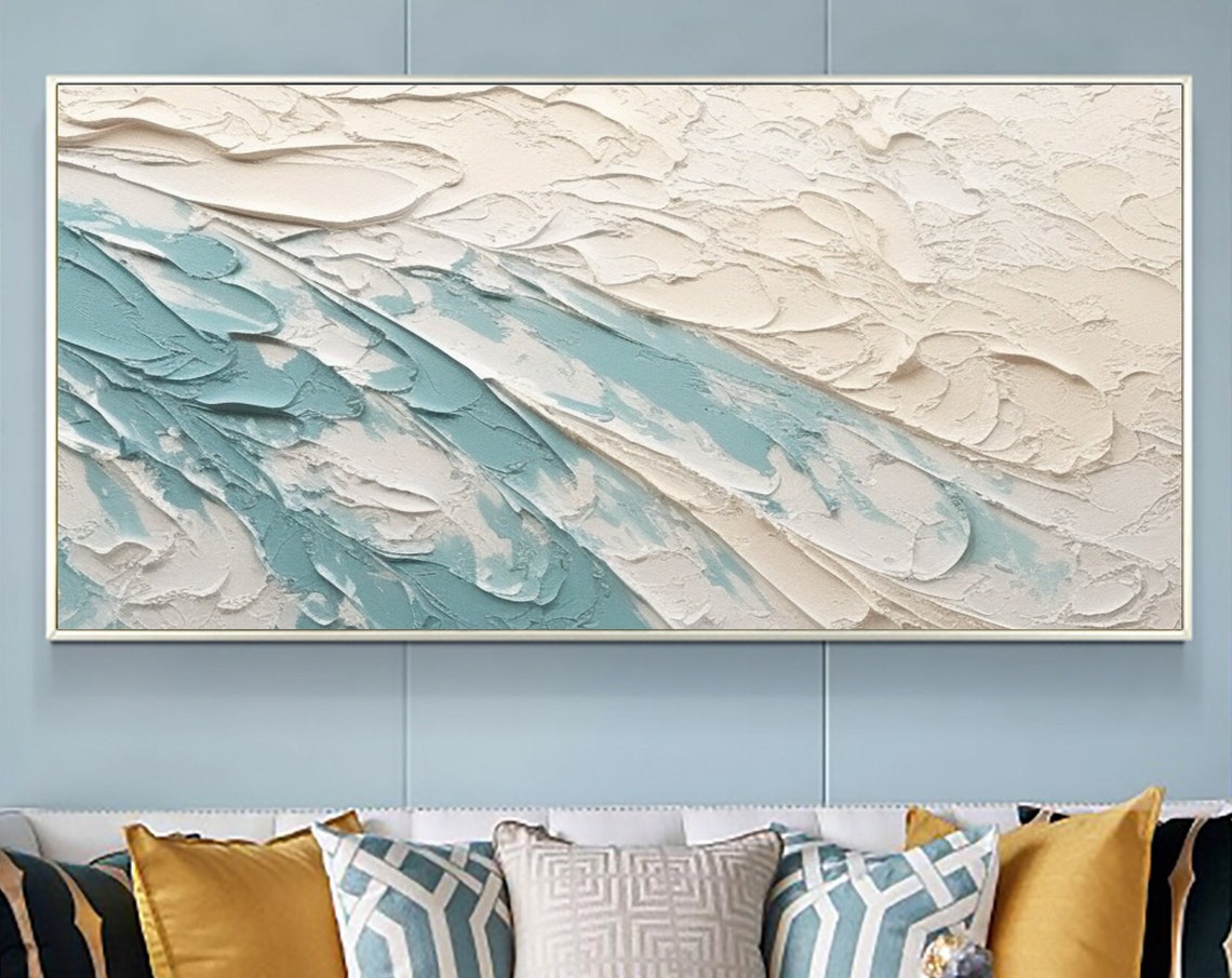 White Teal Ocean Wave Minimalist 3D Textured Abstract Poster