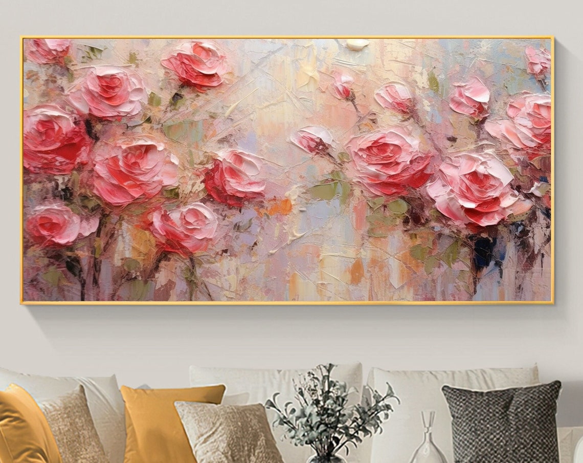 Blush Pink Rose Garden Impasto Bloom Floral Canvas Art Poster